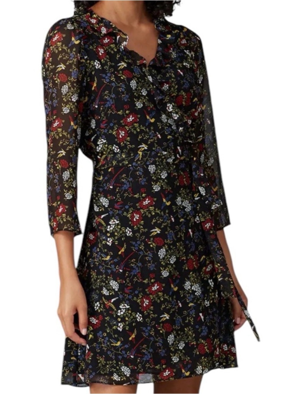 Madewell Black Finch Floral Bird Print Wrap Dress Size XS Black Multicolor